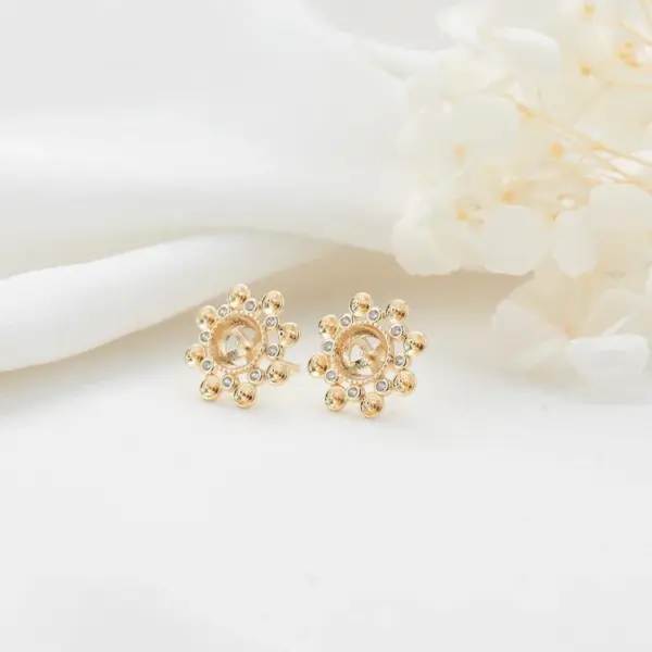 Wholesale 14K Real Gold Plated Copper Stud Earrings With Flowers Pattern And Zircon Inlay, Featuring 925 Sterling Silver Ear Pins