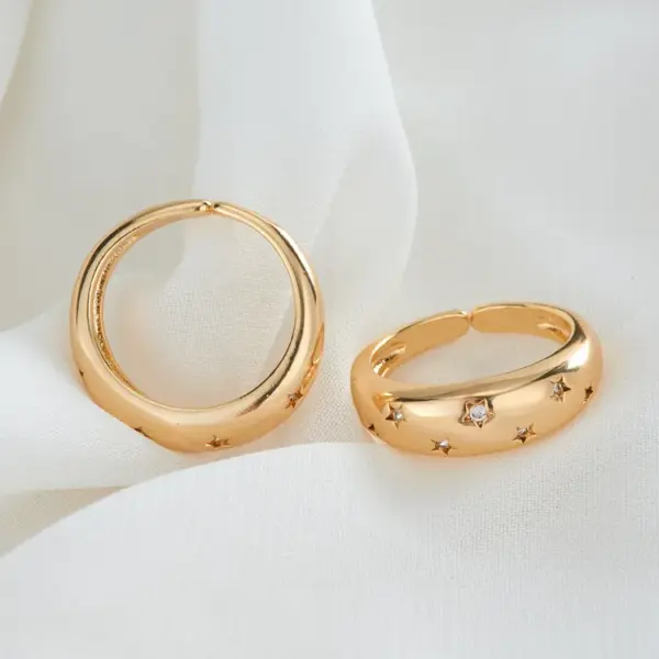 Wholesale Women’s Open Star Ring With Bezel Setting, Electroplated Copper Featuring 14K Real Gold Plating And Zircon Inlay