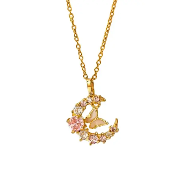 Wholesale Moon Inlay Pendant Necklace For Women In Copper With 18K Real Gold Plated Water Plating And Artificial Rhinestones On Cable Chain