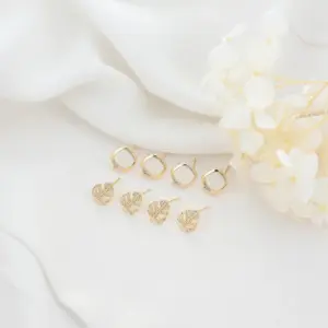 Wholesale Leaves Stud Earrings With 925 Sterling Silver Posts, Copper Base, And 14K Real Gold Plated Finish Featuring Zircon Inlay In Gold
