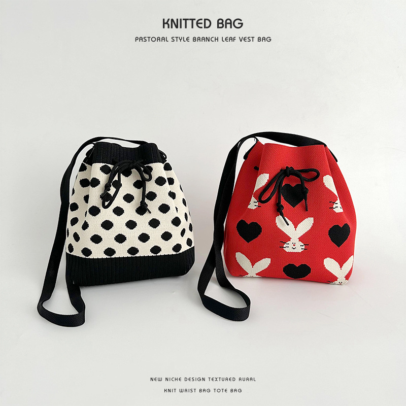 Wholesale Handbag Women's Japanese and Korean Style Ins Cyber Celebrity Knitted Wool Drawstring Lunch Box Bag Hand Tote Bag Bucket Bag