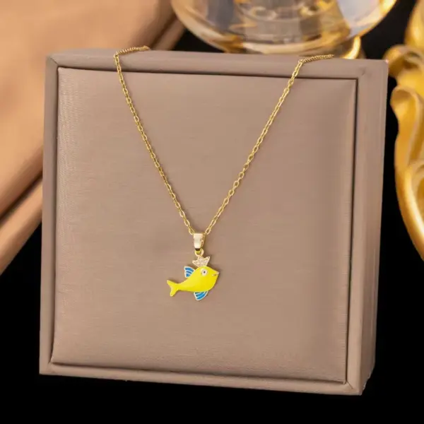 Wholesale Women’s Fish Pendant Necklace With Inlay Artificial Rhinestones, 18K Real Gold Plated Copper, Water Plating On Cable Chain