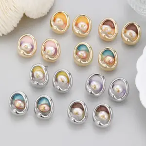 Wholesale Asymmetrical Oil Painting Stud Earrings For Women With Copper And Baroque Pearl Inlay, Featuring 925 Sterling Silver Posts