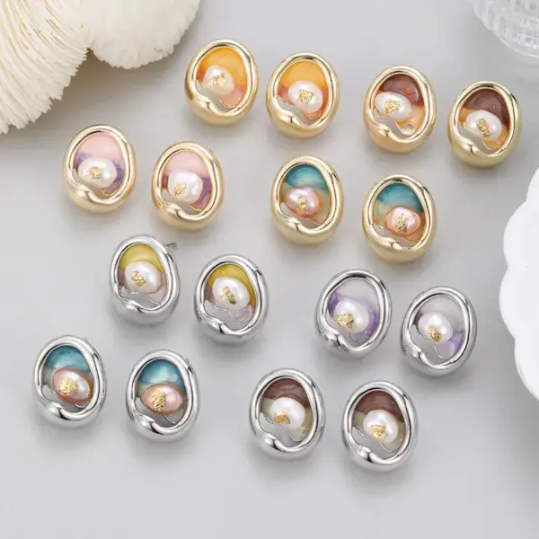 Wholesale Asymmetrical Oil Painting Stud Earrings For Women With Copper And Baroque Pearl Inlay, Featuring 925 Sterling Silver Posts