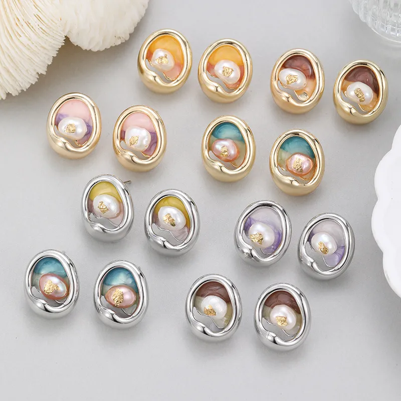 Wholesale Asymmetrical Oil Painting Stud Earrings For Women With Copper And Baroque Pearl Inlay, Featuring 925 Sterling Silver Posts