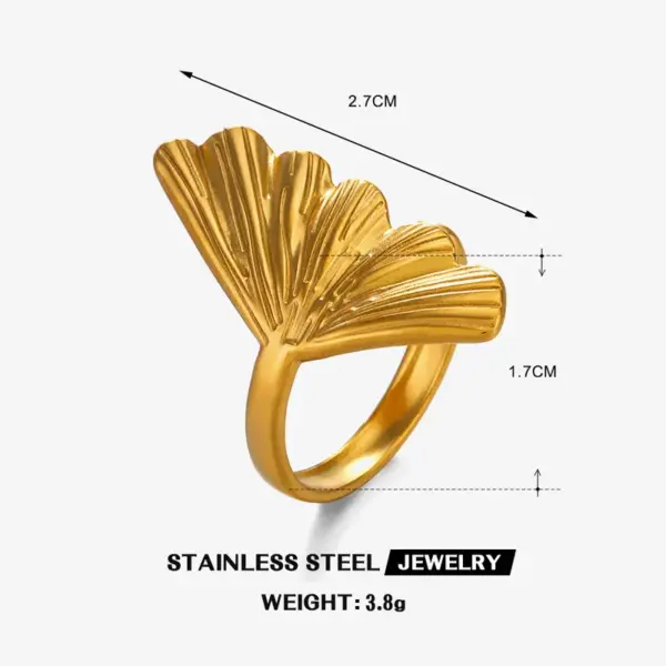 Wholesale Ion Plating (IP) 18K Gold Plated Ginkgo Leaf 304 Stainless Steel IG Style Waterproof Non Tarnish Open Rings
