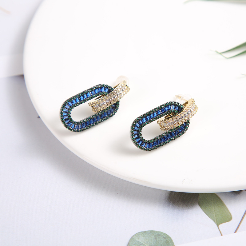 Wholesale New fashion simple gorgeous romantic inlaid zircon Rhine blue oval earrings for women Valentine's Day gift