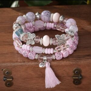 oly-293b09405221accd1a910fdb19409e97 Wholesale Bohemian Bracelet Low Price Wholesale Imitation Agate Chain Tassel Stained Glass Electroplated Butterfly Bracelet Four Pack