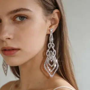 Wholesale Rhinestone Tassel Rhombus Geometric Stud Earrings Full Copper Material Full Diamond Earrings Street Style Silver Plated Drop Earrings