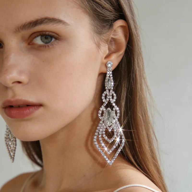 Wholesale Rhinestone Tassel Rhombus Geometric Stud Earrings Full Copper Material Full Diamond Earrings Street Style Silver Plated Drop Earrings