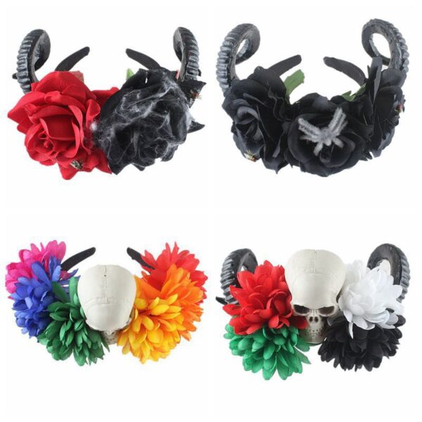 oly-2983a0b1e0434d39b5a35d879de94205 Wholesale black flower Gothic photo head buckle horn skull headband Halloween Japanese style hair accessories
