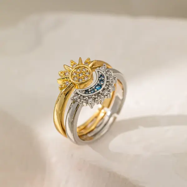 oly-299319cae8a9d09300f31a7d5244d283 Wholesale Copper 18K Gold Plated Inlay Sun Moon Artificial Rhinestones Open Rings
