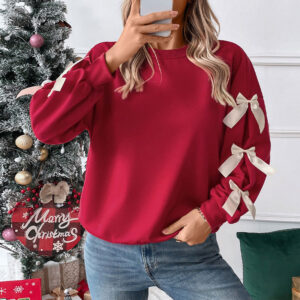 Wholesale Amazon Independent Station New Spring Pullover Top European and American Cross-border Crewneck Bow Red Valentine's Day Sweatshirt