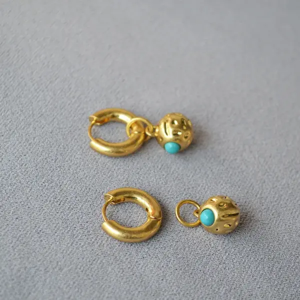 Wholesale Retro Faux Aged Texture Copper Ball Embedded Turquoise Elegant Personality Women's Earrings French Design Specialty Jewelry