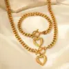 Wholesale Fashion Hip Hop 2 Piece Set - Stainless Steel Cuban Chain Necklace And Bracelet With Love Pendant OT Buckle Unisex Jewelry Gift