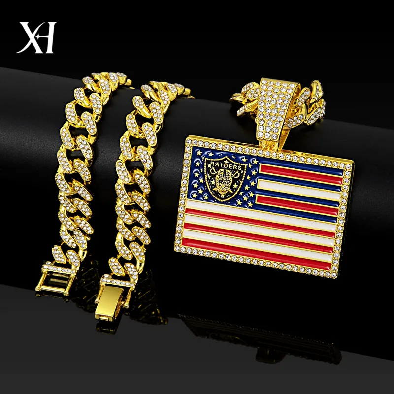 Wholesale Hip-Hop Necklace Featuring American Flag Pattern In Gold And Silver Colors