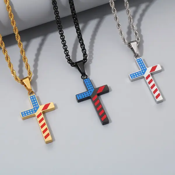 Wholesale 1 Piece 33*20mm 600*3mm 304 Stainless Steel 18K Gold Plated Cross American Flag Pendant Chain