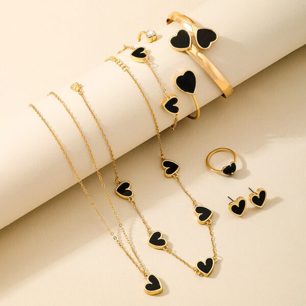 Wholesale 7 Pieces Fashion Simple Love Valentine's Day Metal Black Peach Heart Women Necklace Earrings Bracelet Ring Jewelry suit