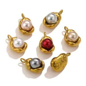 Wholesale 5 PCS/Package Stainless Steel Artificial Pearls PVD Coated Real Gold Plated Solid Color Pendant DIY Jewelry Accessories