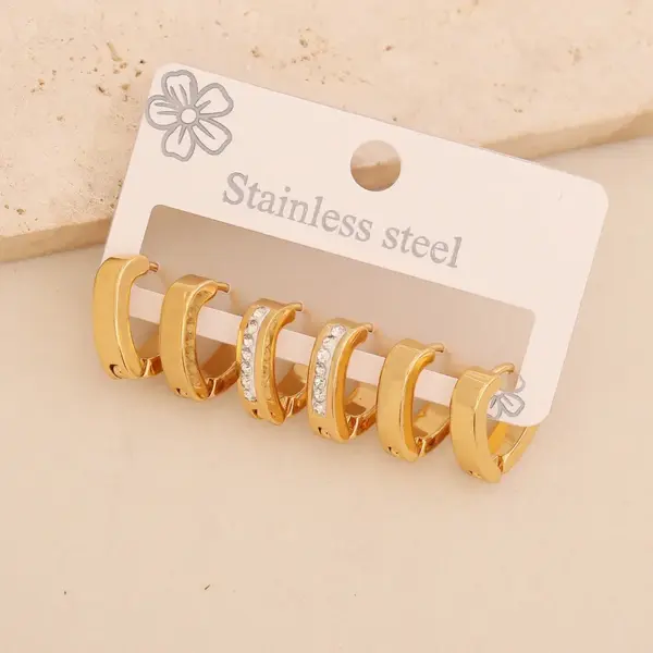 Wholesale 3 Pairs Of Rhinestone Plain Hoop Earrings, Light Luxury Titanium Steel Studs, High-End Versatile 304 Stainless Steel Vacuum Electroplated (Fired) 18K Real Gold Plated Elegant Earrings