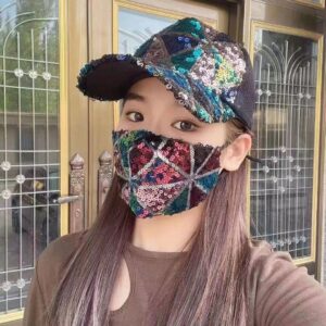 Green Plaid sequin net cap + Black Mask / Adjustable