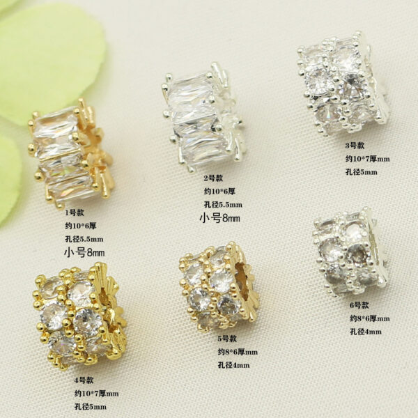 Wholesale Copper plated 18K gold color inlaid zircon double gold bully spacer large hole beads barrel beads wheel beaded bracelet accessories