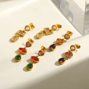 Wholesale Oval Stud Earrings For Women With Bezel Setting, 18K Real Gold Plated 304 Stainless Steel, PVD Coated Featuring Zircon Inlay