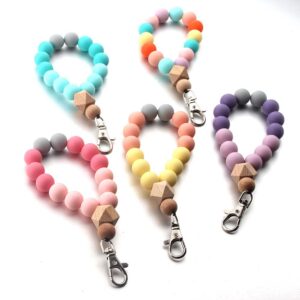 Wholesale Amazon Silicone Bead Wrist Bracelet Keychain Beech Wood Bead Metal Silicon Glue Bracelet Key Ring