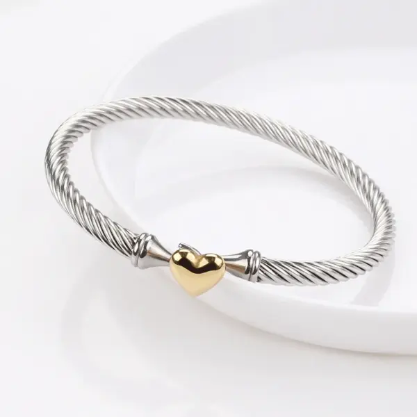Wholesale 18K Real Gold Plated 304 Stainless Steel PVD Coated Heart Shape Two Tone Plating Bangle