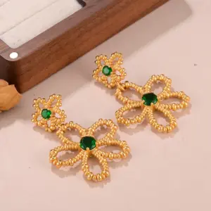 Wholesale Hypoallergenic Flowers Drop Earrings For Women In KC Golden Plated Copper With Rhinestones And UV Plating