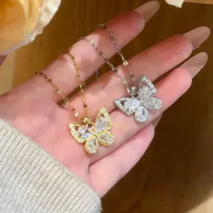 Wholesale Butterfly Necklace For Women With Claw Setting, 304 Stainless Steel, Golden Plated Water Plating, Zircon Inlay, Cable Chain