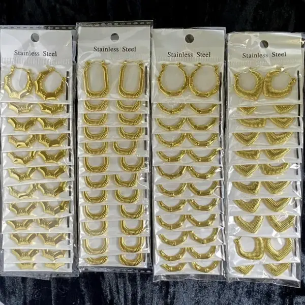 Wholesale Geometric Hammered Pattern Stainless Steel Oil Press Earrings Fashionable Versatile 18K Gold Plated Unisex Hoop Earrings