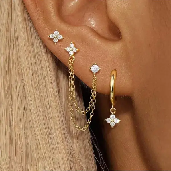 Wholesale New Stylish Stainless Steel Diamond Embedded Petal Earrings Women's Set Geometric Pattern Luxury Style 18K Gold Ear Studs