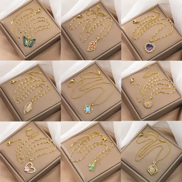 Wholesale Lady Heart Shape Flower Titanium Steel Plating Inlay Zircon Gold Plated Pendant Necklace