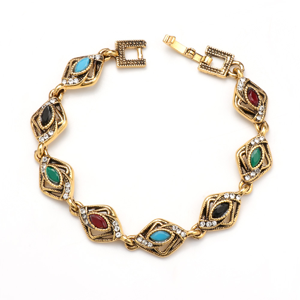 Wholesale European and American Street Fashion Geometric Shape Mixed Color Inlaid Alloy Electroplated Women's Bracelet Amazon Wish Best-Selling Model