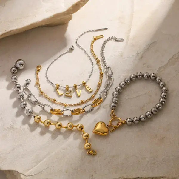 Wholesale 304 Stainless Steel Geometric PVD Coated 14K Gold Plated 18K Gold Plated Streetwear Ball Chain Bracelets