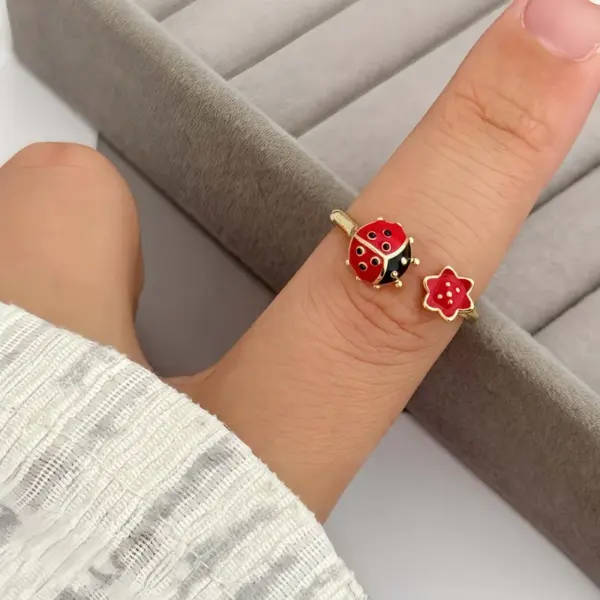 Wholesale Jewelry Casual Cute Romantic Ladybugs Copper Zircon 18K Gold Plated Open Rings