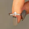 Wholesale Women’s Cross Ring With Claw Setting, Copper Base With White K Water Plating, Featuring Zircon Inlay