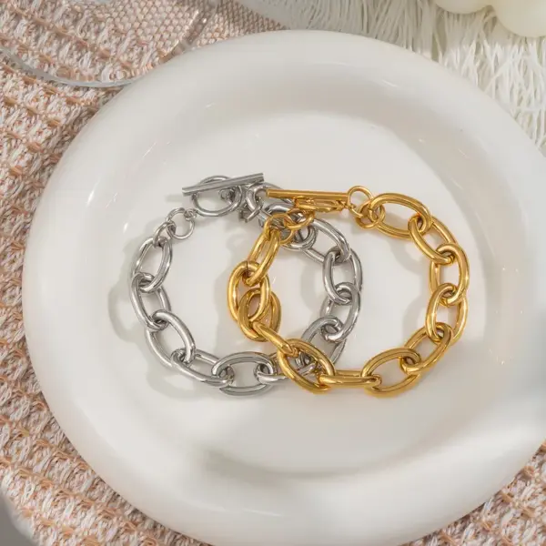 Wholesale PVD Coated Real Gold Plated 18K Gold Solid Color 304 Stainless Steel Sweet Waterproof Non Tarnish 304 Stainless Steel OT Clasp Toggle Clasp Closure Bracelets