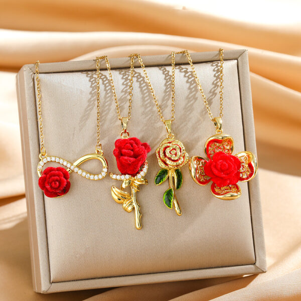 Wholesale Red Rose Titanium Steel Necklace with Micro-Inlaid Clavicle Chain/Necklace