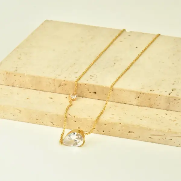 Wholesale Elegant Water Drop Zircon Pendant 304 Stainless Steel 18K Gold Plated Women's Necklace Waterproof Non-Fading Claw Setting Simple Style Cable Chain