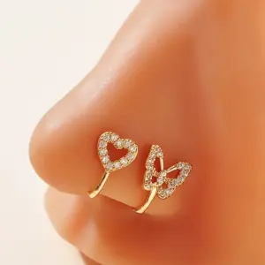 Wholesale Fashionable U-Shaped Rhinestone-Embedded Butterfly Heart Fake Nose Ring Piercing Jewelry No Hole Butterfly Nose Stud For Men And Women