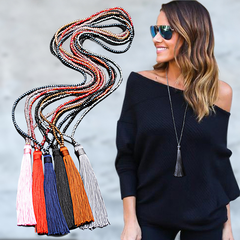Wholesale Cross-Border Shein Jewelry Colorfulful Crystal Necklace Sweater Chain Women's High-End Long Tassel Necklace Necklace