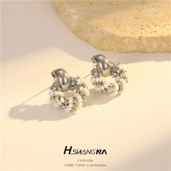 Wholesale Oval Copper Stud Earrings With Seed Bead Inlay, Featuring 925 Sterling Silver Posts For Women In Simple Style