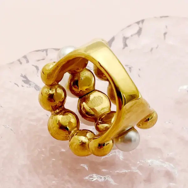Wholesale Women's 304 Stainless Steel PVD Coated 14K Gold Plated Plating Hollow Out Inlay Round Pearl Rings Imitation Pearl Jewelry