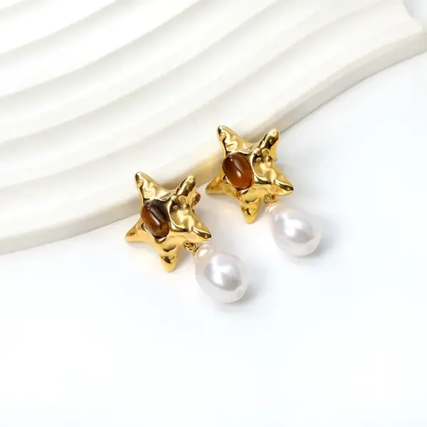 Wholesale Vacuum Electroplating (In Furnace) Plated Imitation Gold Imitation Pearl Starfish Earrings Ladies 304 Stainless Steel Oval Cat's Eye Earrings Fashion Irregular Geometric Shape
