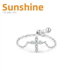 Wholesale 925 Sterling Silver Women's Cross Ring Micro Pave Diamond Adjustable Chain Design Geometric Pattern Tokyo Style Jewelry