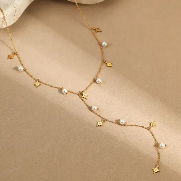 Wholesale PVD Coated Real Gold Plated Pearl 304 Stainless Steel IG Style Elegant Lady Waterproof Non Tarnish 304 Stainless Steel Lobster Trigger Clasp Closure Y-Necklace