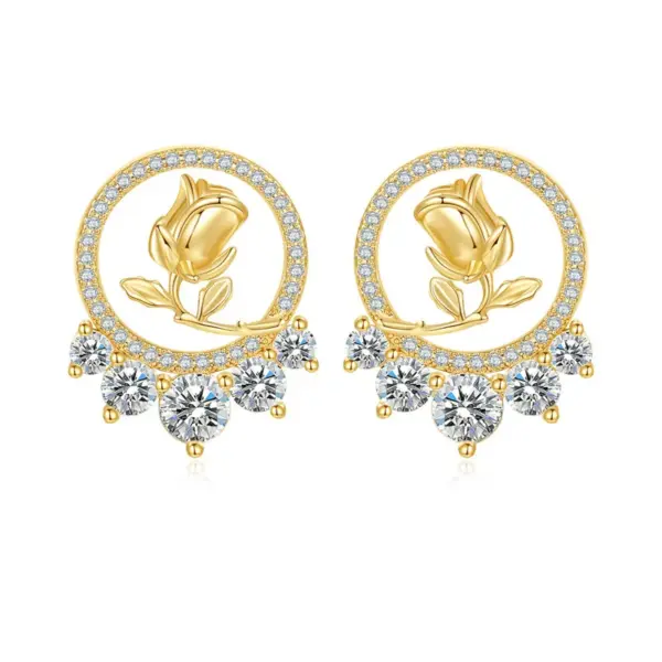 Wholesale Rose Stud Earrings For Women With 925 Sterling Silver Posts, Copper Base, And 14K Real Gold Plated Finish Featuring Zircon Inlay