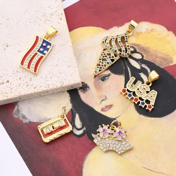 oly-2e706de3f83fe2a80995a1d106cf33ae Wholesale 1 Pc/Package 12.5x17mm 15x11mm 19x10mm Hole 3~3.9mm 5x3.5mm Copper Zircon 18K Gold Plated Ice Cream Letter American Flag Polished Pendant